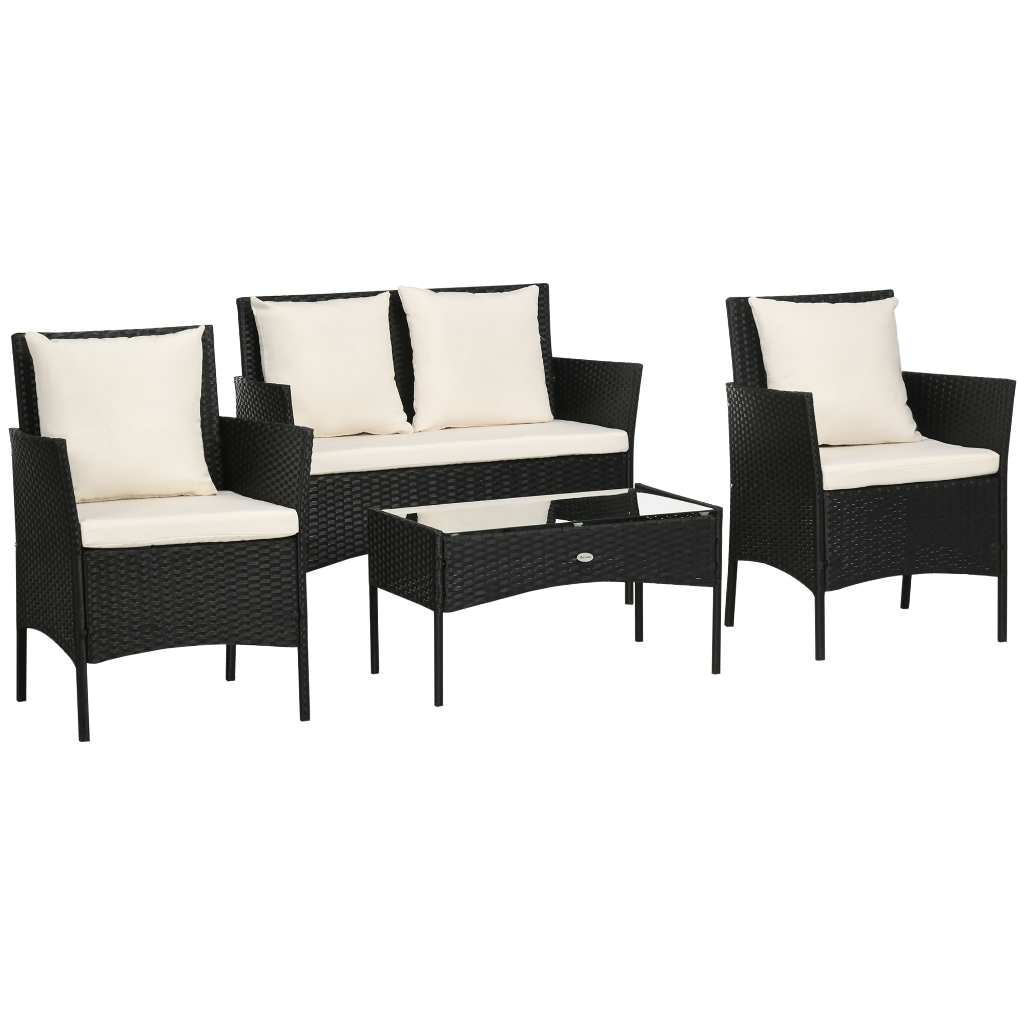 Set Mobilier Grădină Ratan 4 Piese, 2 Scaune, Fotoliu 2 Locuri, Măsuță Cafea, Negru Crem | Aosom Romania