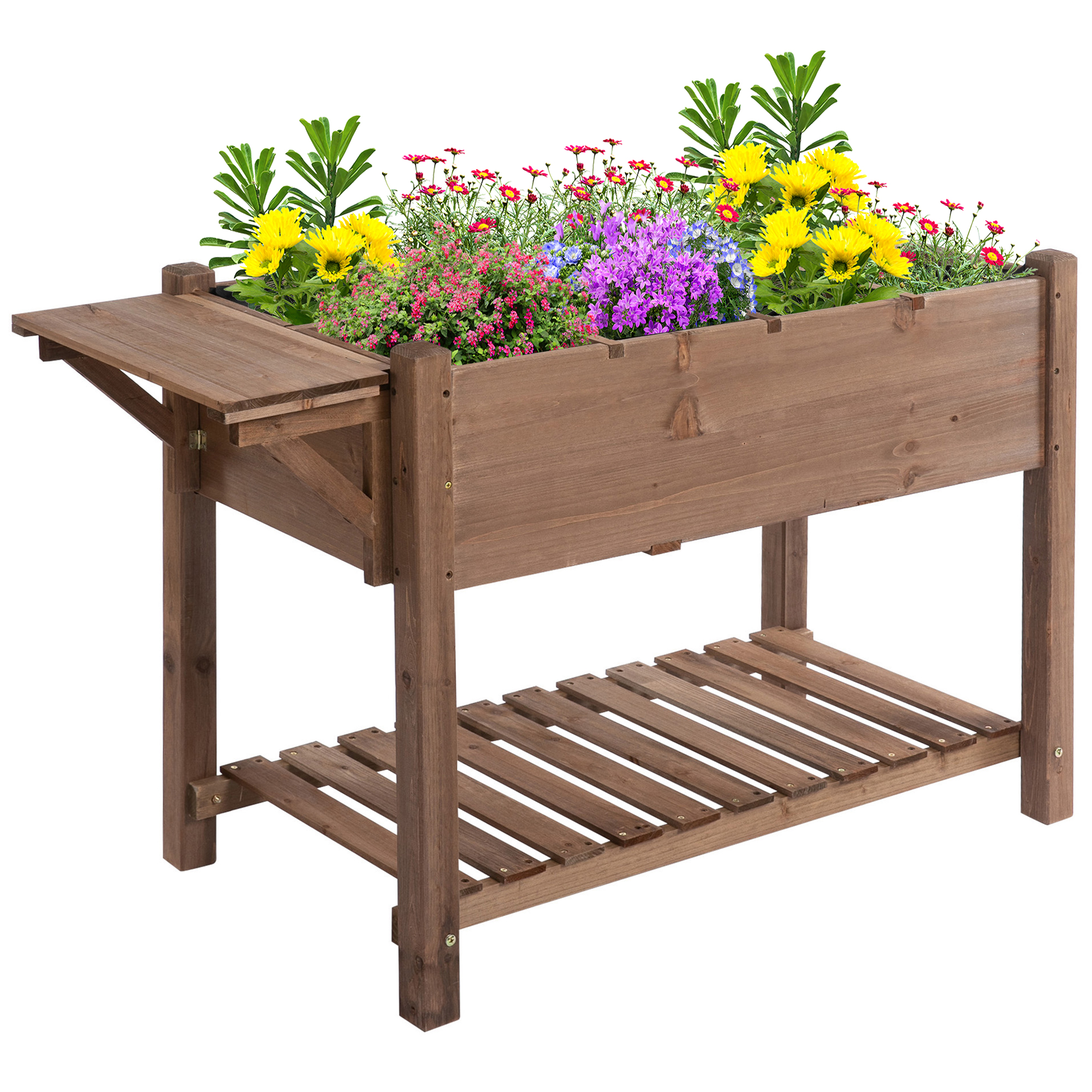 Jardiniera SupraInaltata din Lemn | Gradinarit cu Raft Pliabil si Spa??iu de Depozitare | 123x54x74 cm Maro