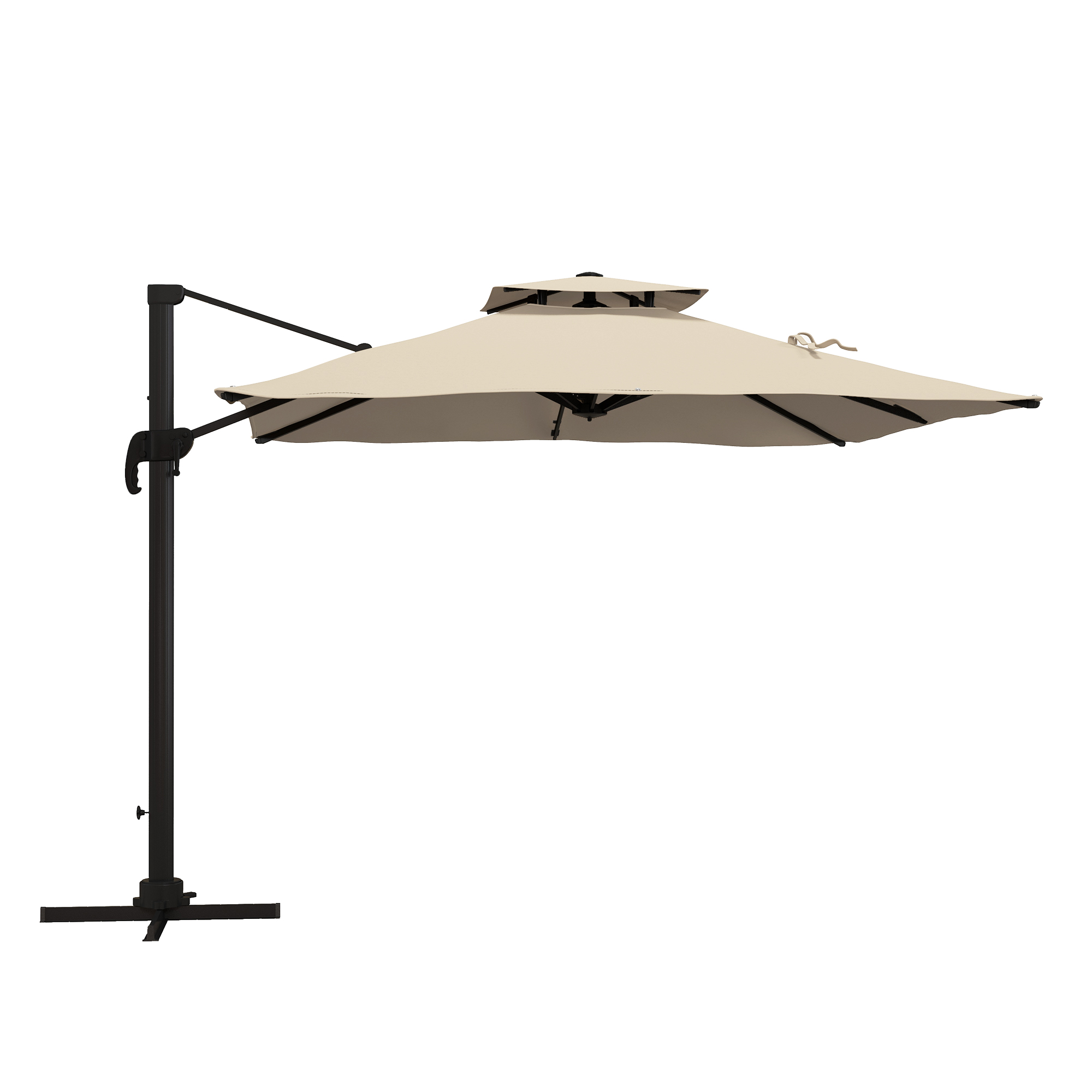 Umbrela de Soare cu Brat inclinat in 6 Pozitii cu Acoperis pe 2 Niveluri, Umbrela de Gradina din aluminiu si poliester, 294x294 cm, kaki