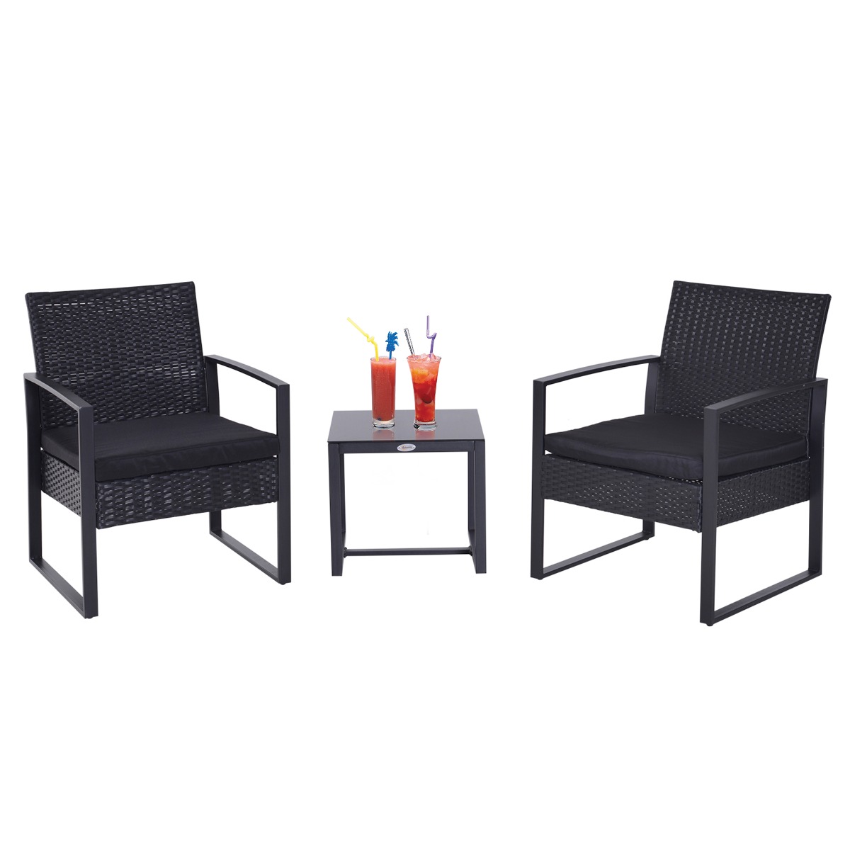 Set Mobilier in Rattan de Extern Masa cu 2 Scaune si Perne , Negru