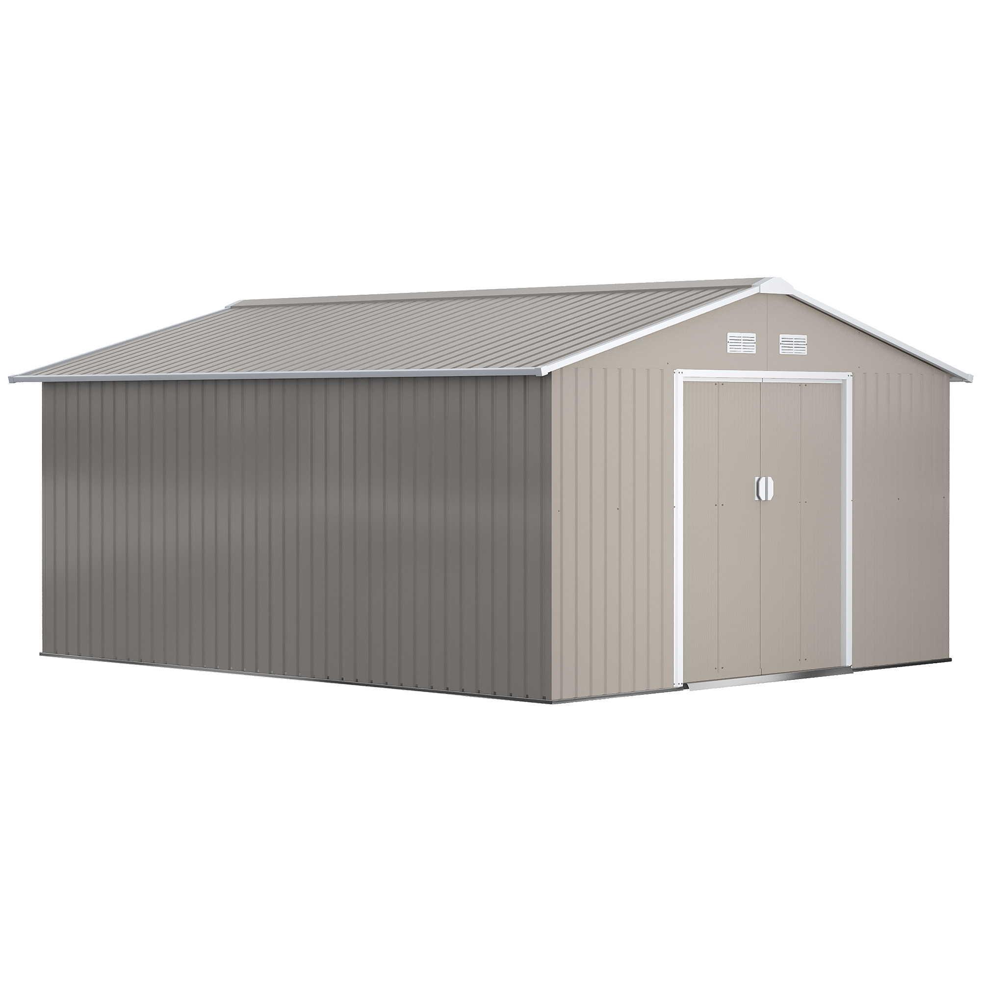 Magazie de Gradina cu Usi Duble Glisante si Acoperis Inclinat, Sopron de Gradina din Otel si PP, 3.4x4x2m, Gri