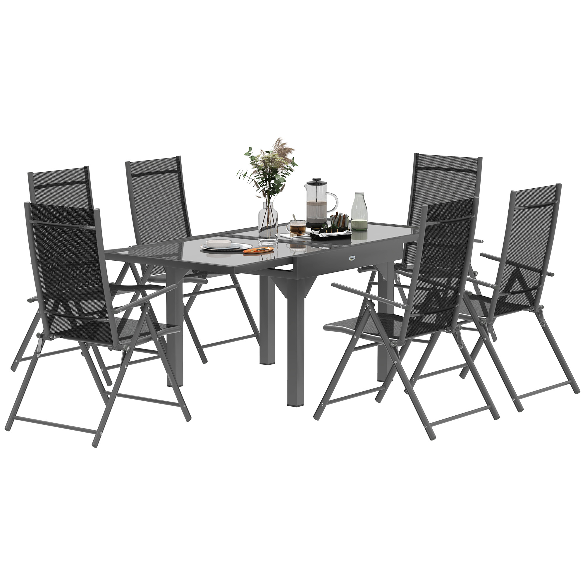 Set Mobilier de Gradina din 7 Piese cu Masa Extensibila si 6 Scaune Pliabile cu Cotiere, 180/90x90x75 cm, Gri