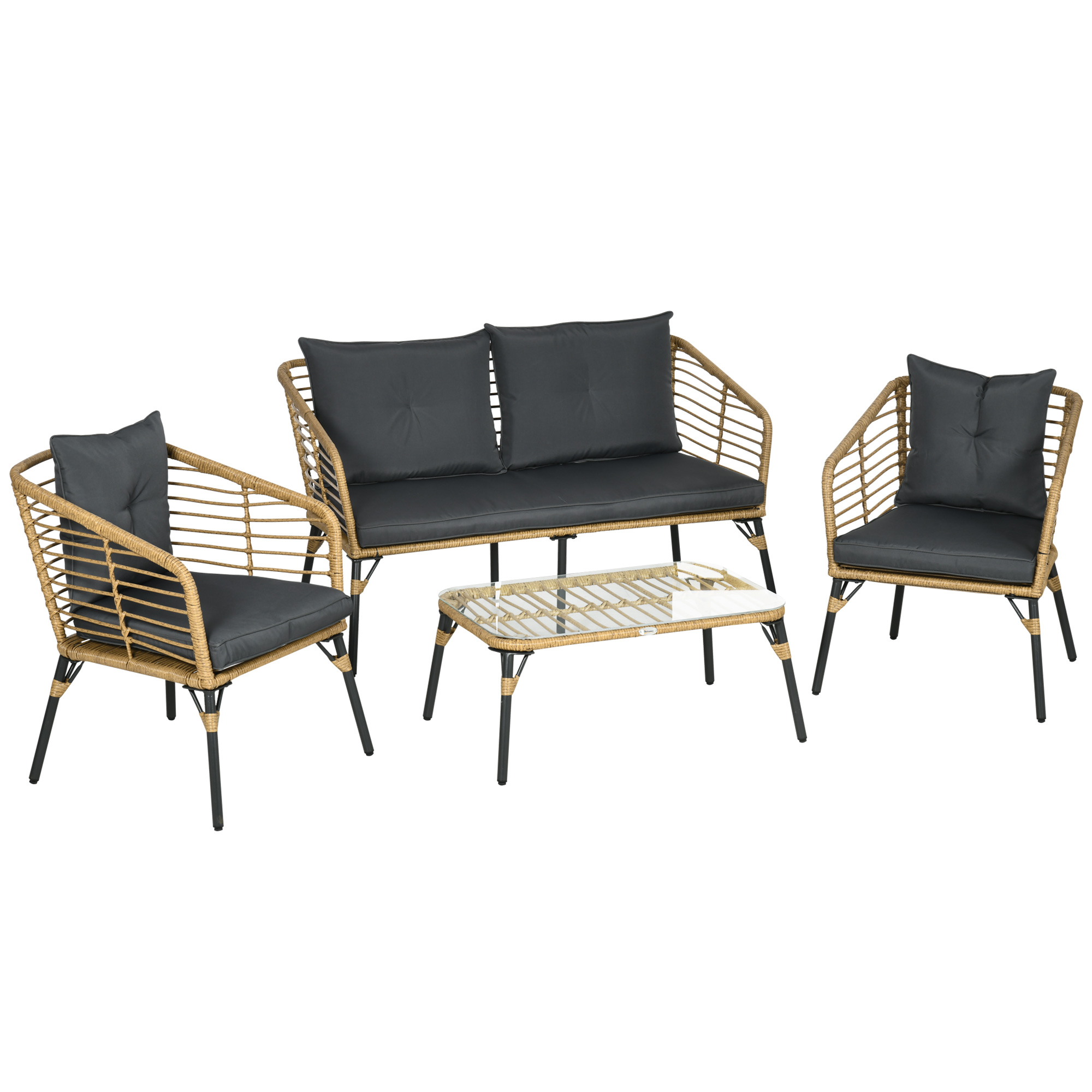 Set Mobilier de Gradina in Ratan cu Canapea, 2 Fotolii cu Perne ??i Masu??a, 131x63x76 cm, Gri ??nchis
