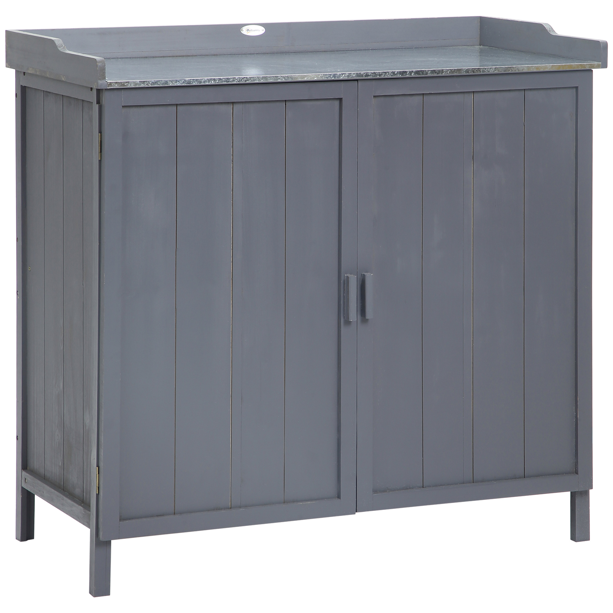 Dulap pentru Exterior din Lemn de Brad cu Blat de Lucru din Metal Zincat si 2 Rafturi pentru Scule, 98x48x95.5 cm, Gri