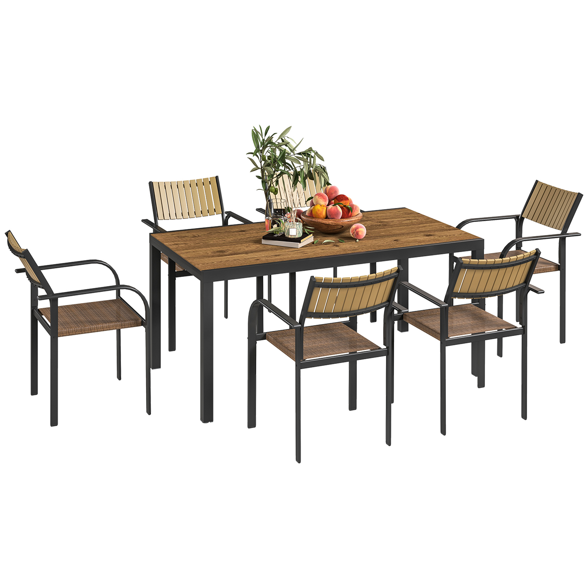 Set de Exterior din 7 Piese cu Masă Extensibilă și 6 Scaune Suprapozabile, 160/240x90x74 cm, Maro | Aosom Romania