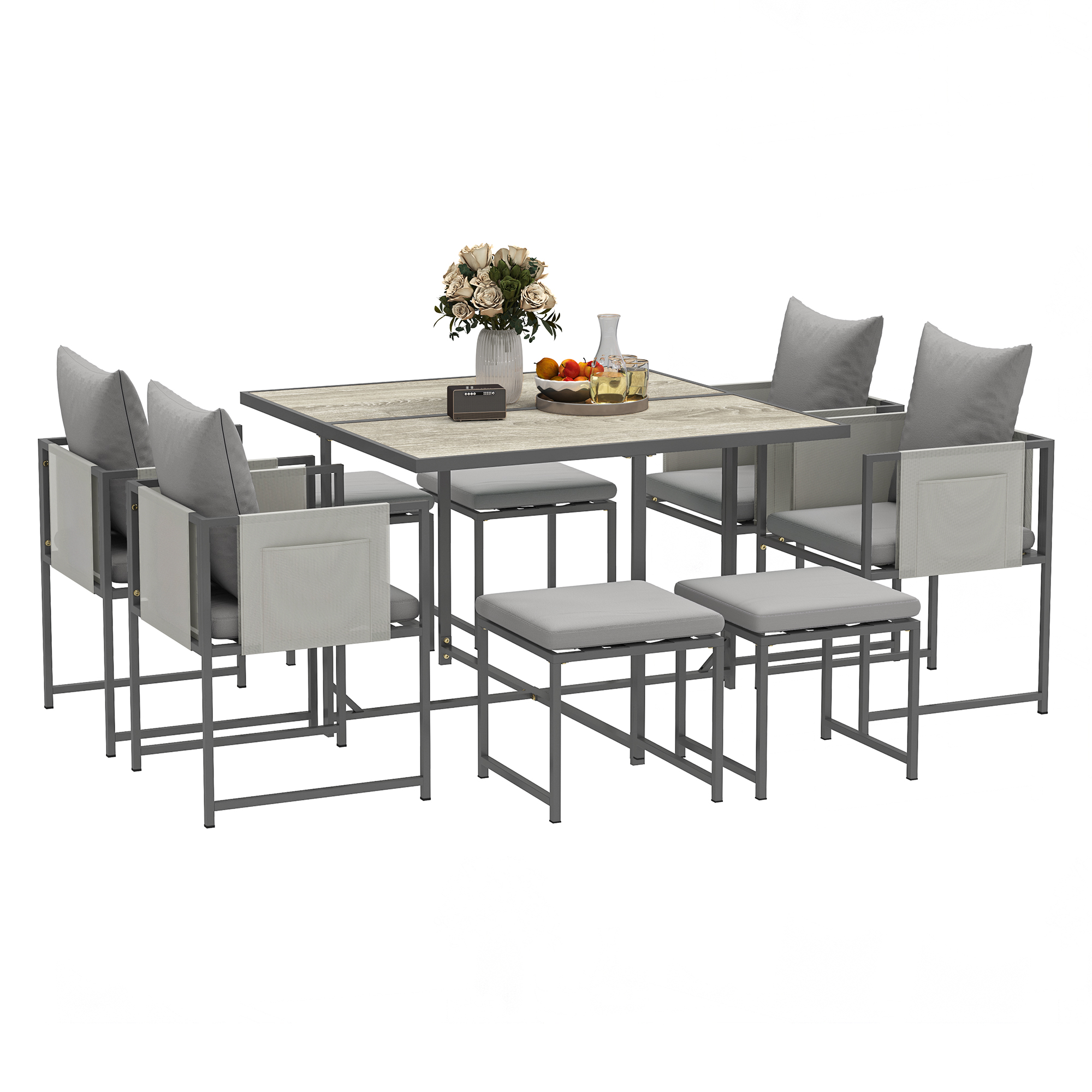 Set Mobilier de Gradina din 9 Piese cu Masa, 4 Fotolii si 4 Scaune, 110x110x75 cm, Gri