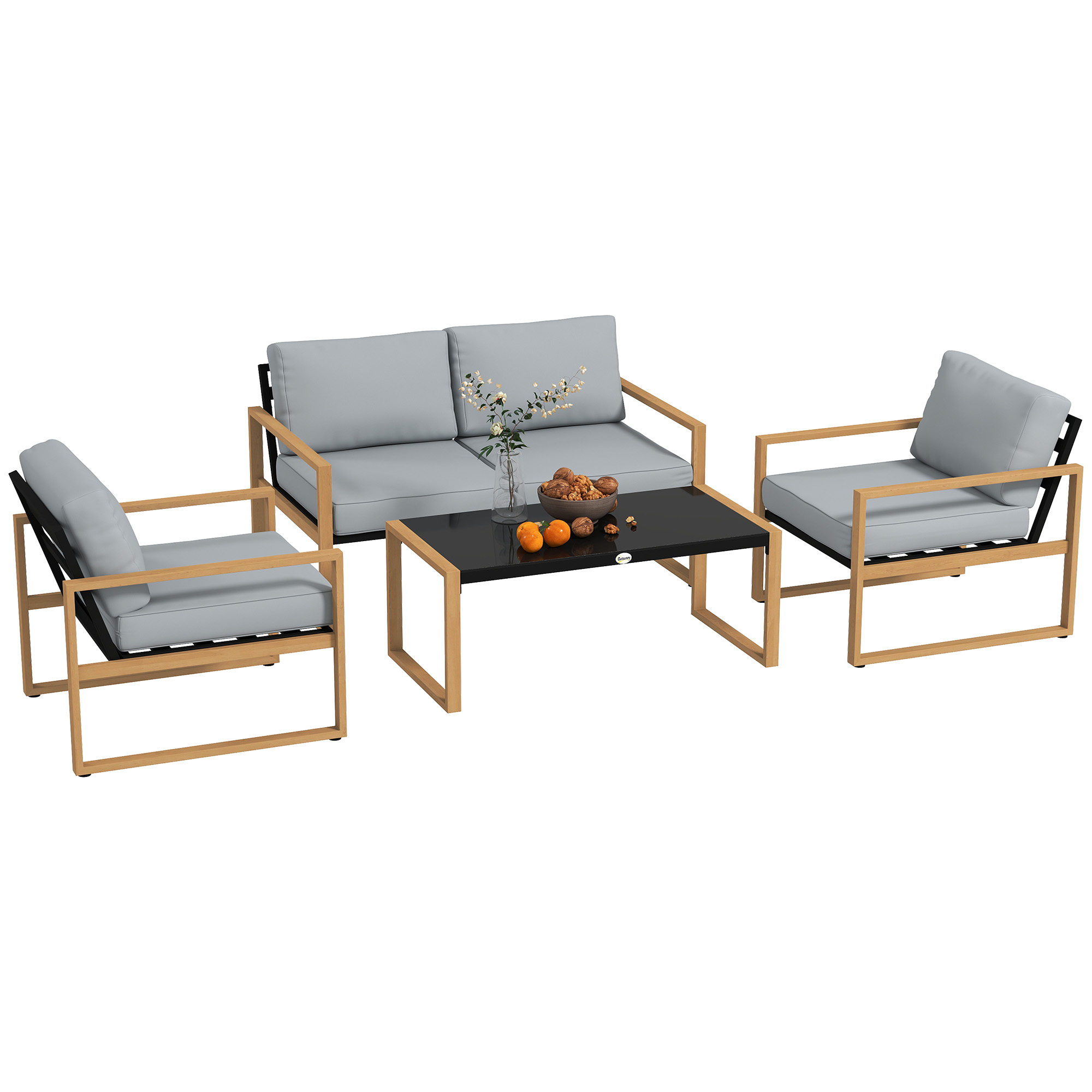 Set Mobilier de Gradina in 4 Piese, cu Canapea de 2 Locuri, 2 Fotolii ??i Masu??a de Cafea, 123.5x75x73 cm, Gri