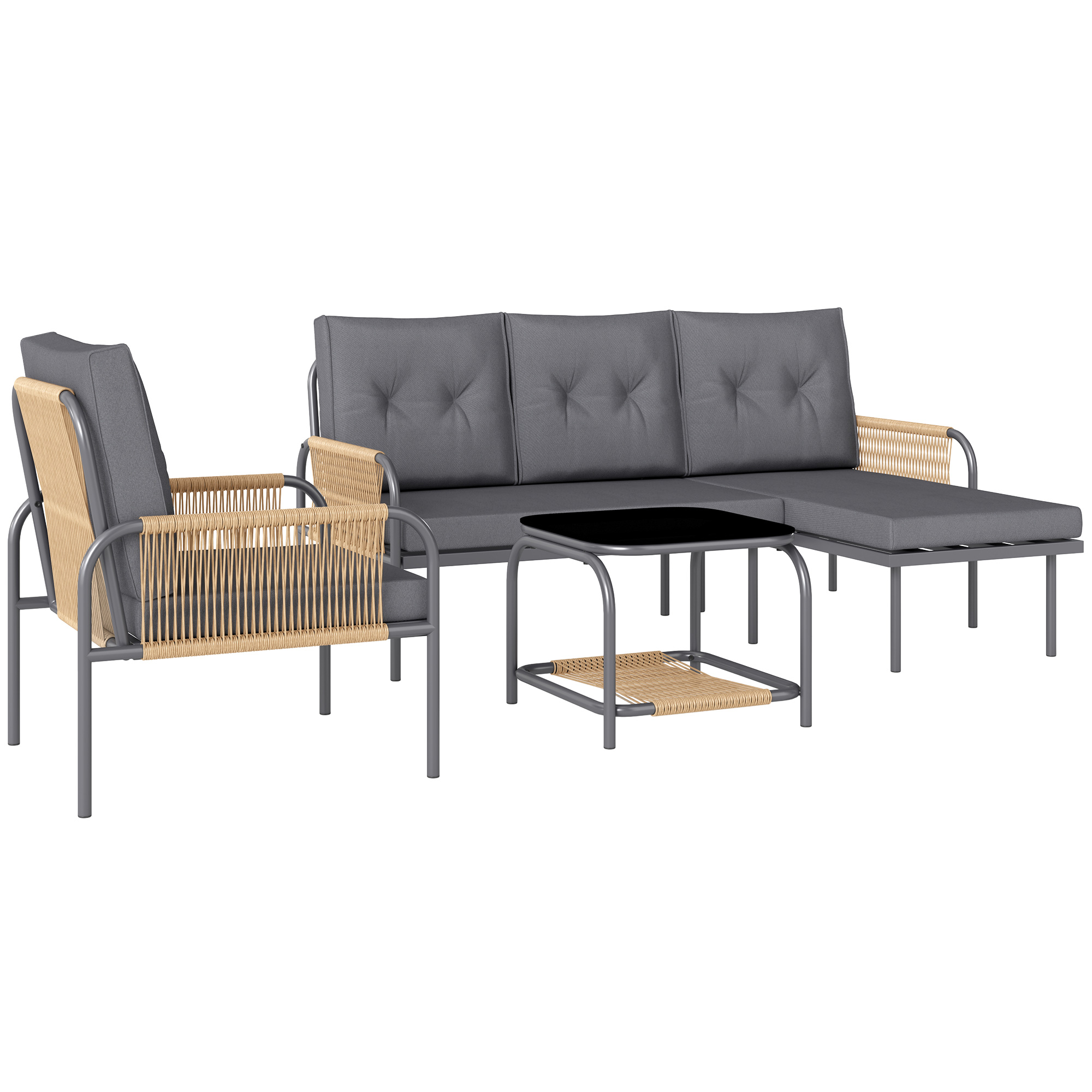 Set Mobilier de Grădină din 4 Piese cu Canapea, Fotoliu, Șezlong și Măsuță, 64x70x78 cm, Gri Închis | Aosom Romania