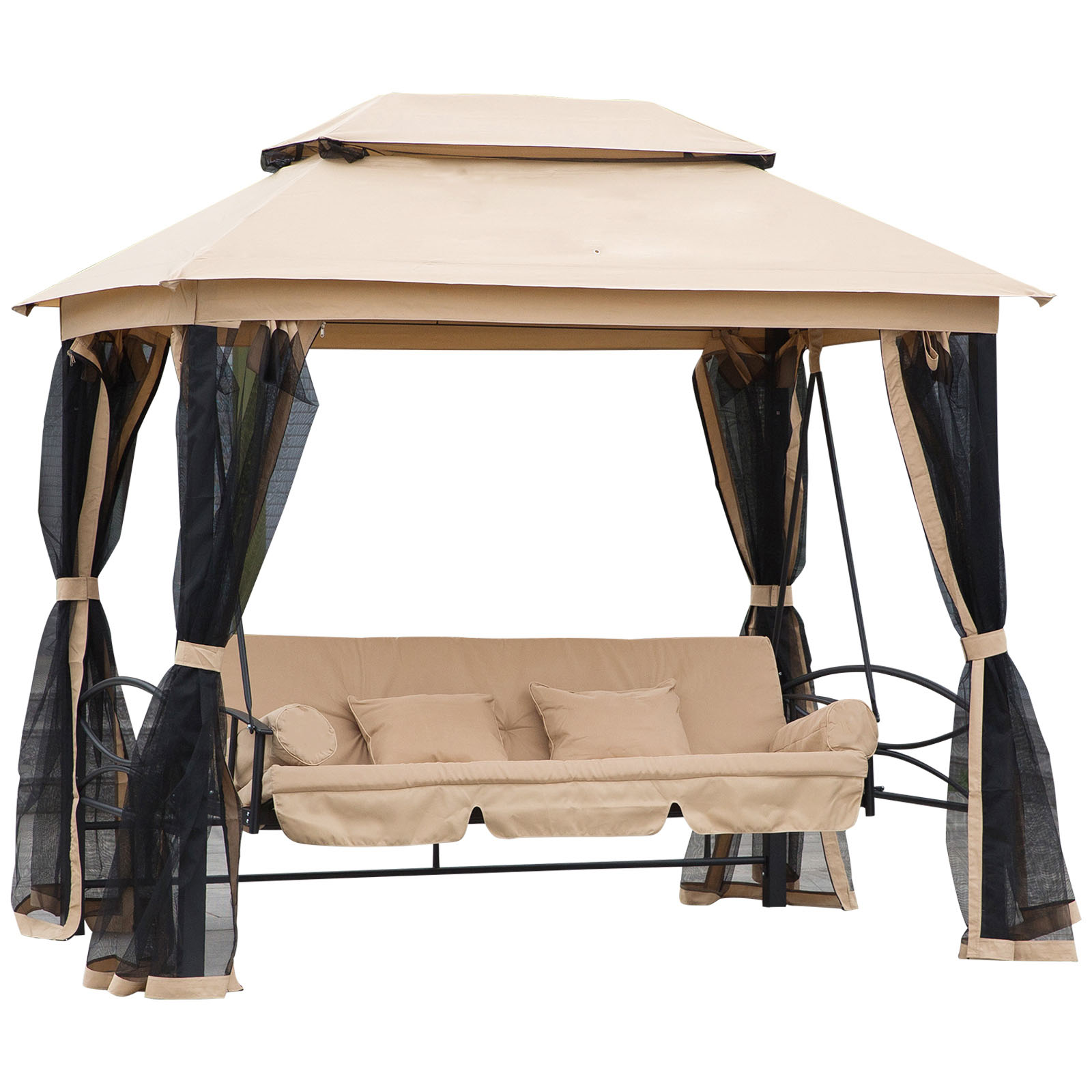 Balansoar 3 Locuri cu Copertina, Plasa de Tantari si Perne, Bej 256x172x248cm | Aosom Ro