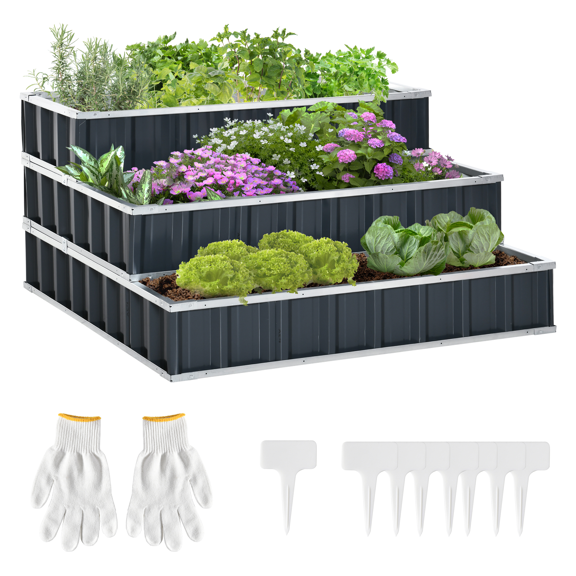 Jardiniera ??n 3 Niveluri Modulare cu Fund Deschis, Jardiniera pentru Legume cu Manu??i Incluse, 118x118x62 cm, Gri