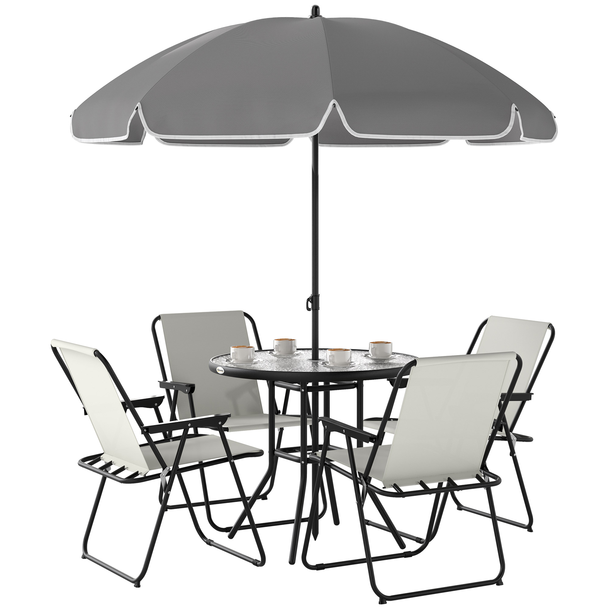 Set de Mobilier de Gradina din 6 Piese cu Umbrela de Soare, Masa si Scaune Pliante, 80x70 cm, Alb Crem