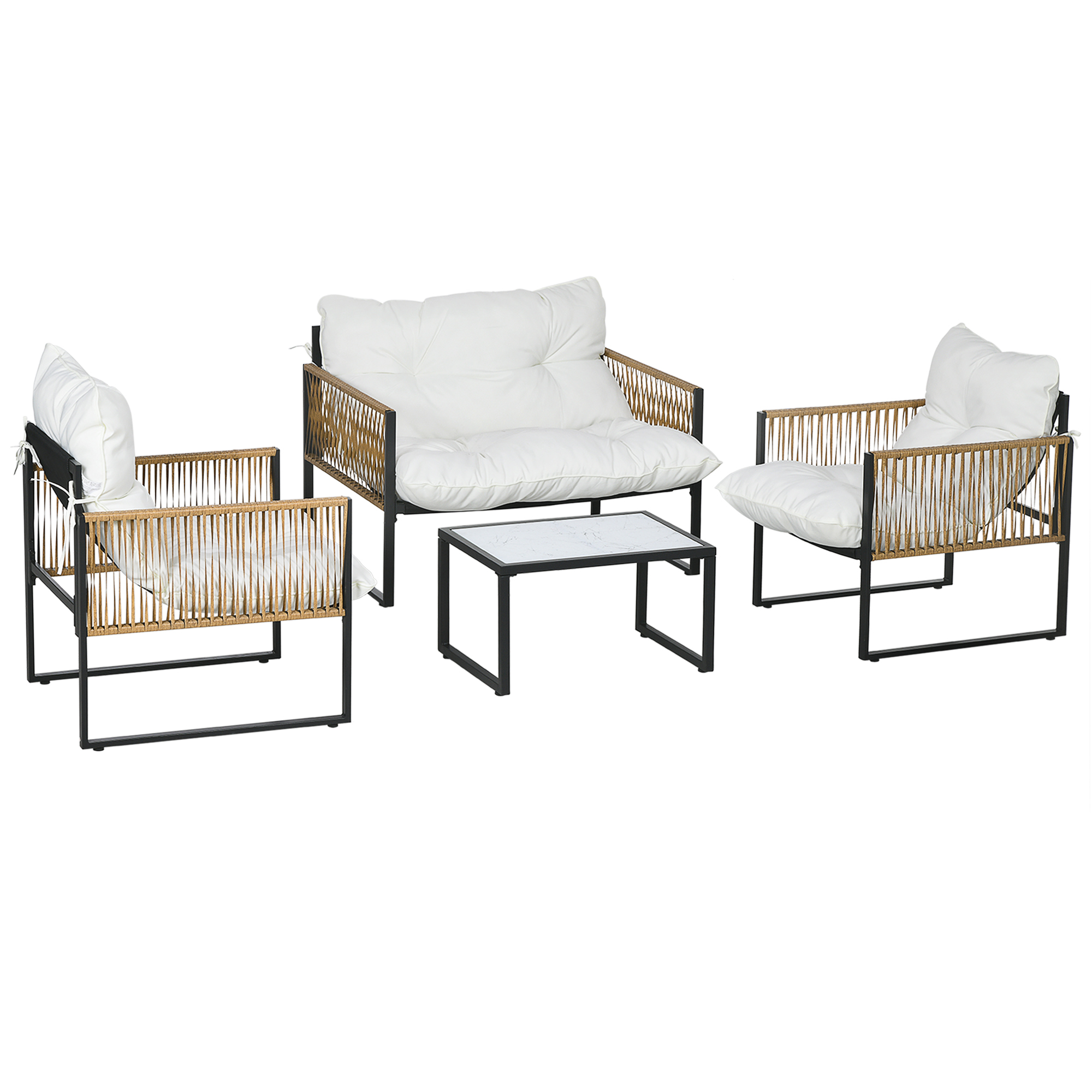 Set Mobilier de Gradina in Ratan cu Canapea, Fotolii cu Perne ??i Masu??a cu Blat de Sticla, 106x70x72 cm, Alb Crem