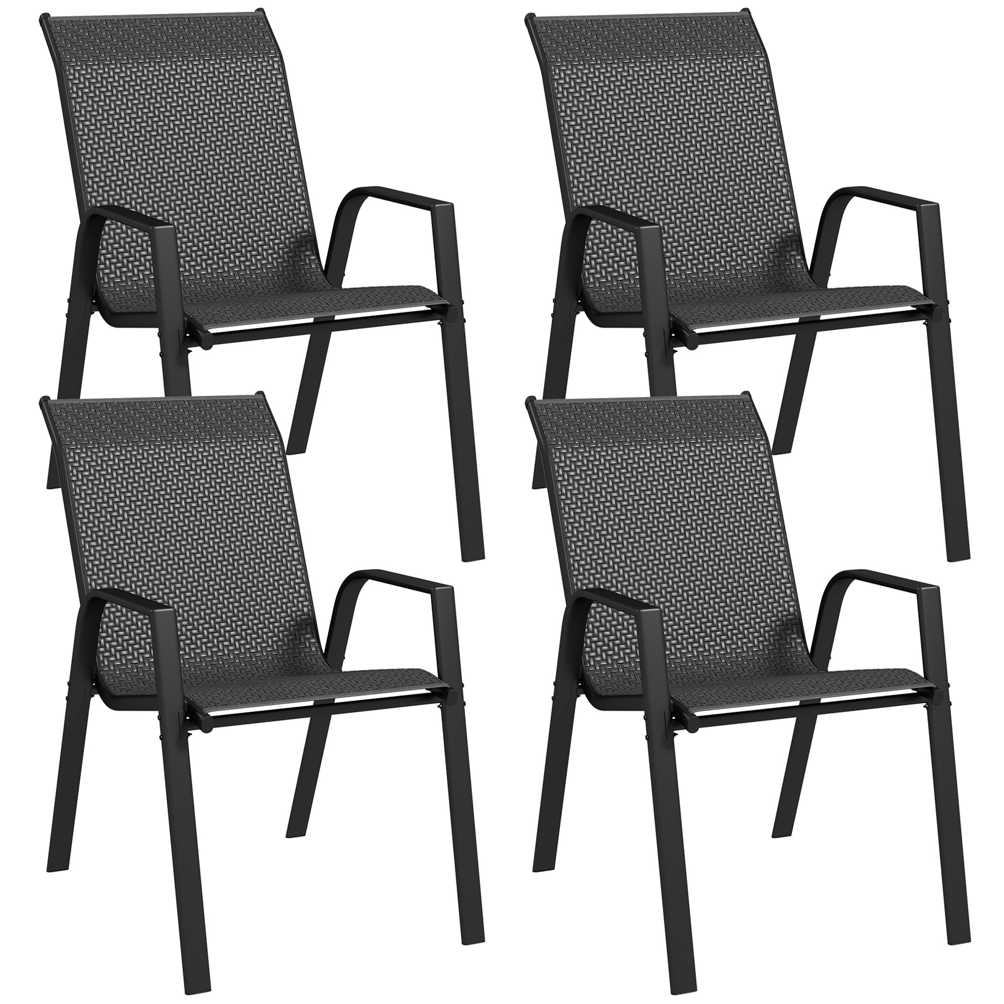 Set 4 Scaune Stivuibile din Ratan pentru Exterior, cu Cotiere si Spatar, Ideal pentru Terasa, Veranda, Gri