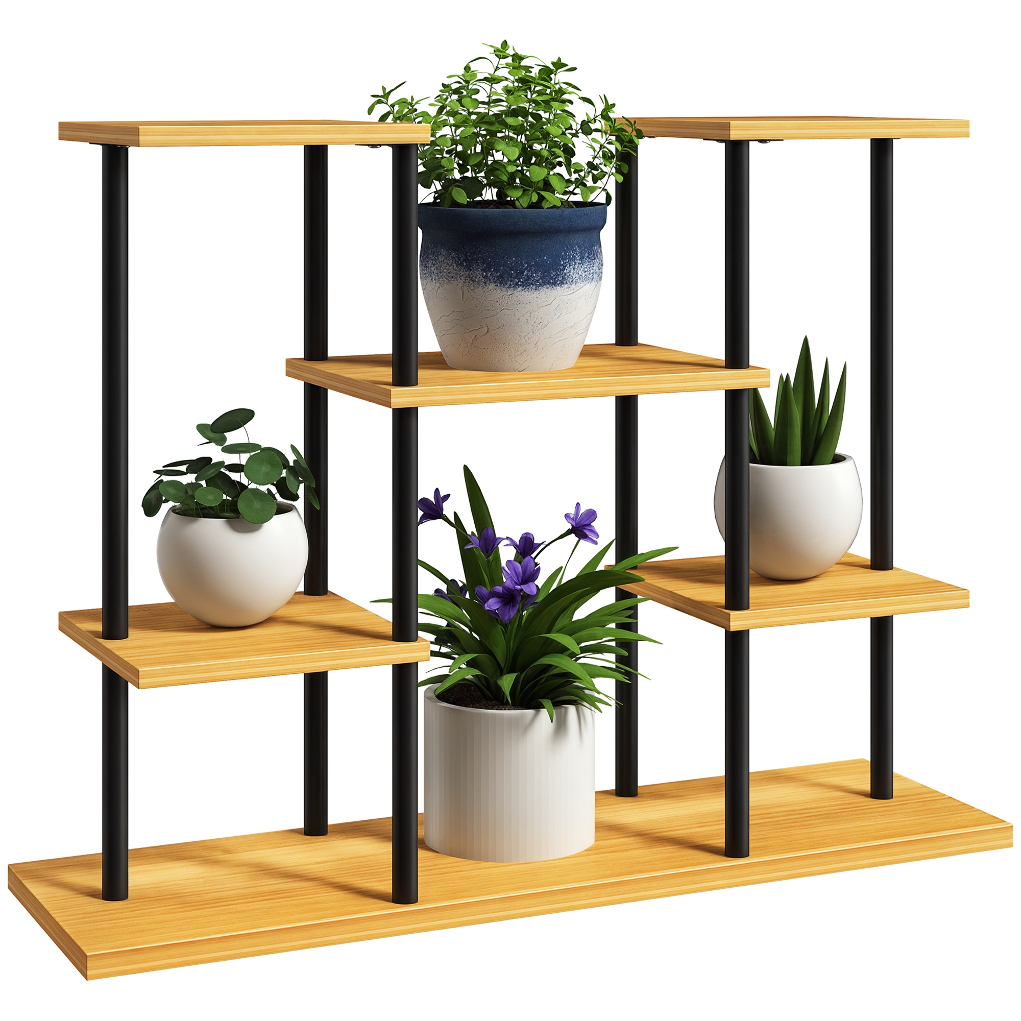 Suport plante interior etajeră plantă cu 6 nivele cadru din oțel bază lemn masiv 80 x 24 x 61,5 cm lemn natural | Aosom Romania