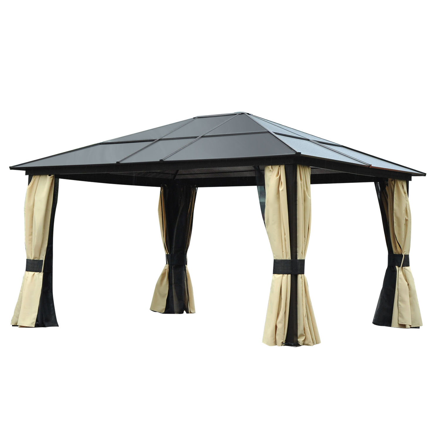Pavilion de grădină Hardtop 4.2 x 3.6 m, Draperii cu plasă împotriva insectelor, Structură din aluminiu, Maro+Crem | Aosom Romania