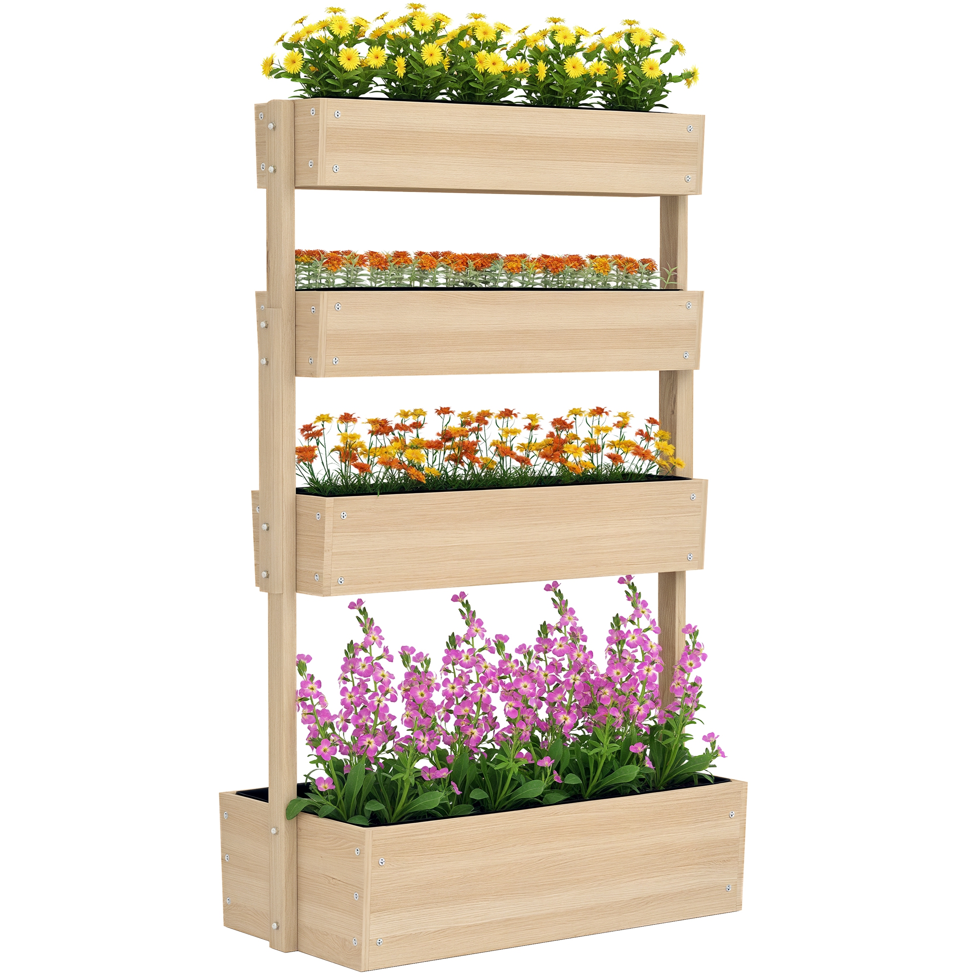 Jardiniere înaltă din lemn cu 4 etaje, scară de flori cu căptușeală, găuri de drenaj, lemn natural | Aosom Romania