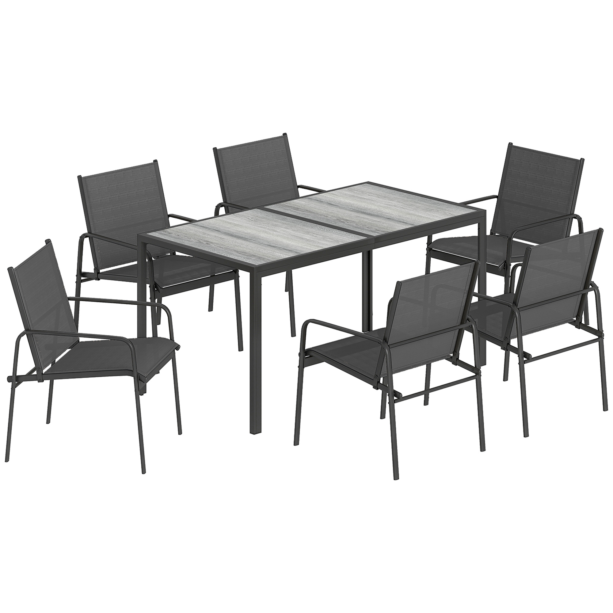 Set mobilier de grădină - grup de șezut cu masă 150 x 80cm și 6 scaune respirabile, aspect lemn, cadru din oțel, Negru | Aosom Romania