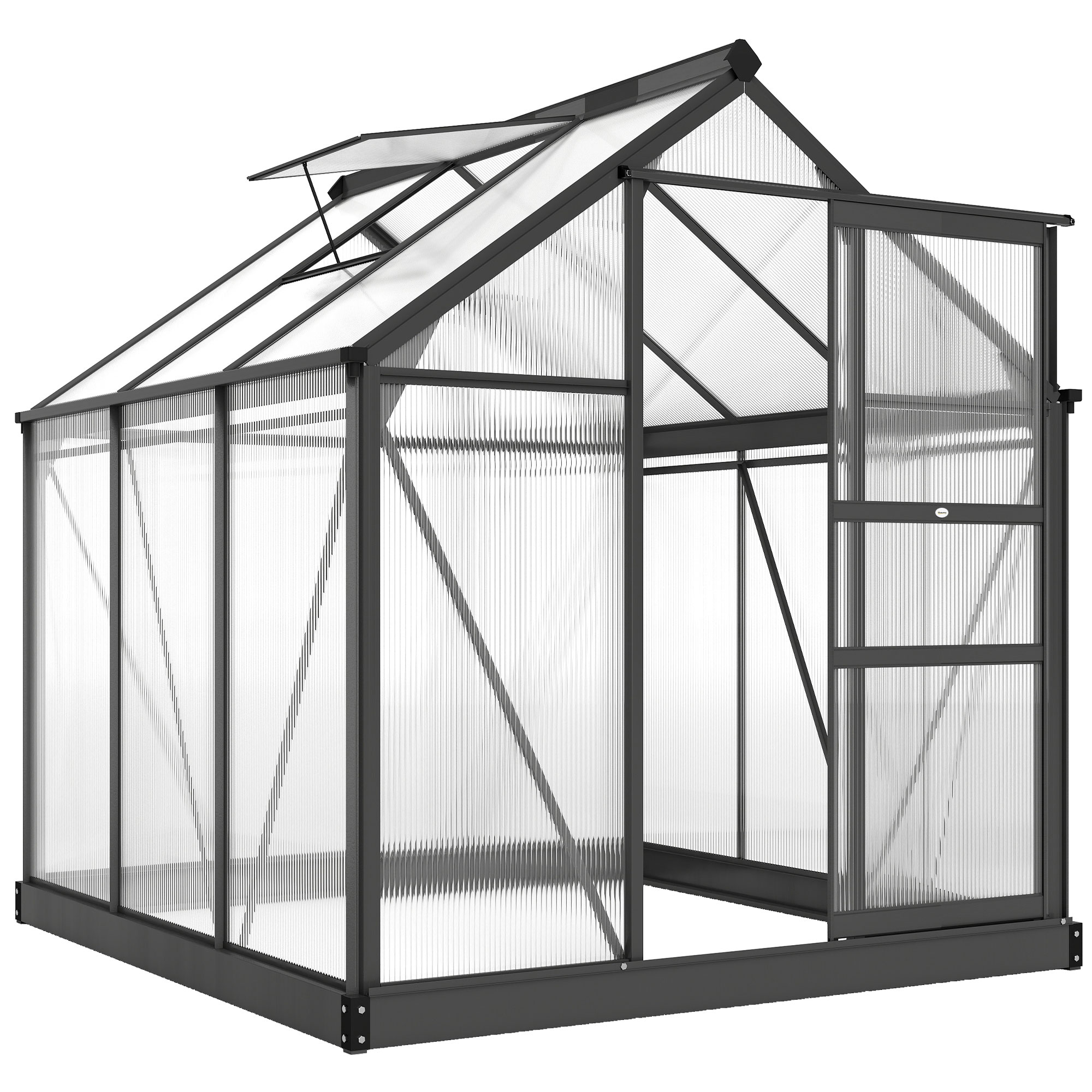 Seră de Grădină, Seră din Policarbonat și Aluminiu cu Ușă Culisantă, Ventilație pe Acoperiș și Jgheab, 190x192x201 cm, Gri