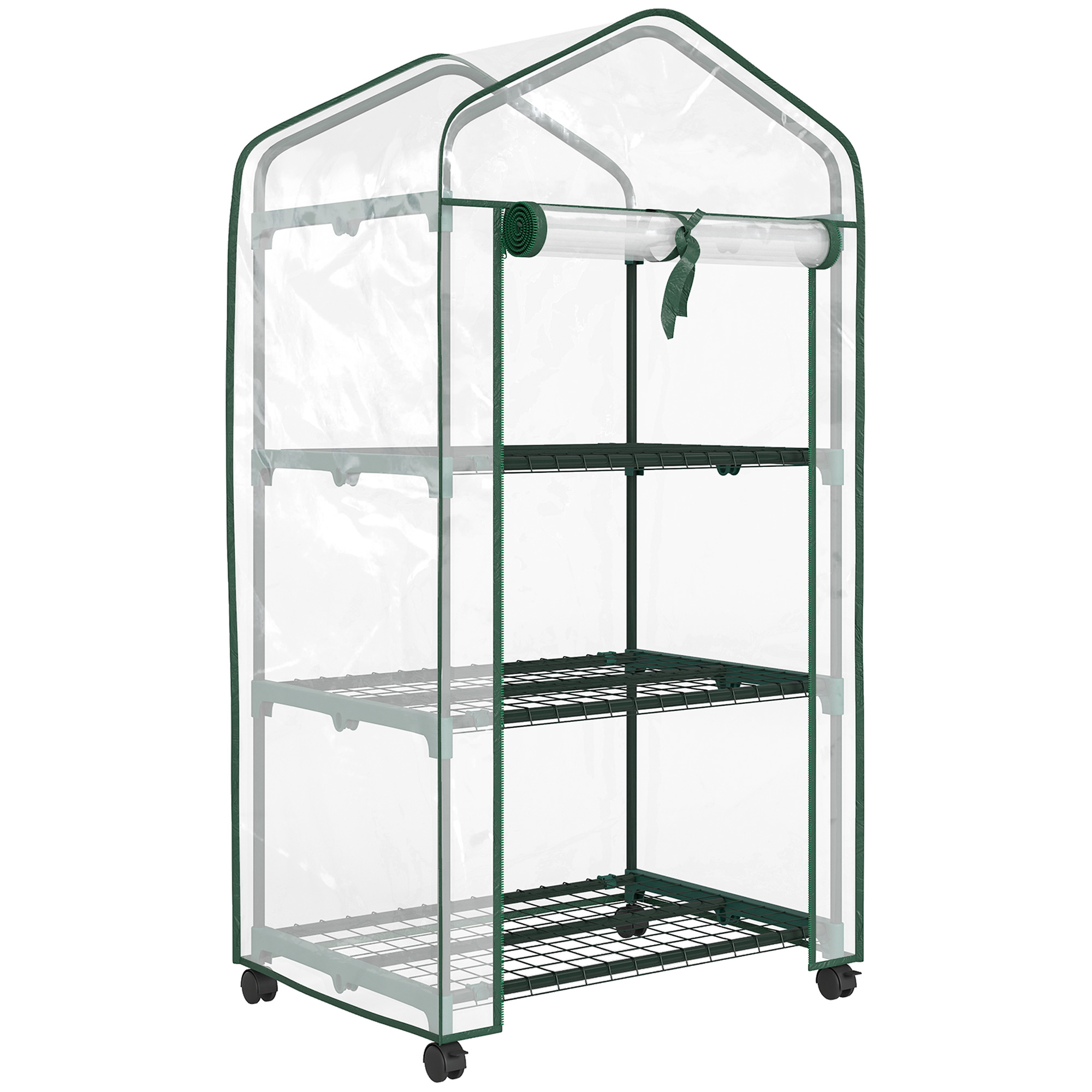 Mini seră de grădină cu 3 rafturi, prelată PVC de înaltă densitate, ușă rulabilă 4 roți 69 x 49 x 130 cm transparent | Aosom Romania