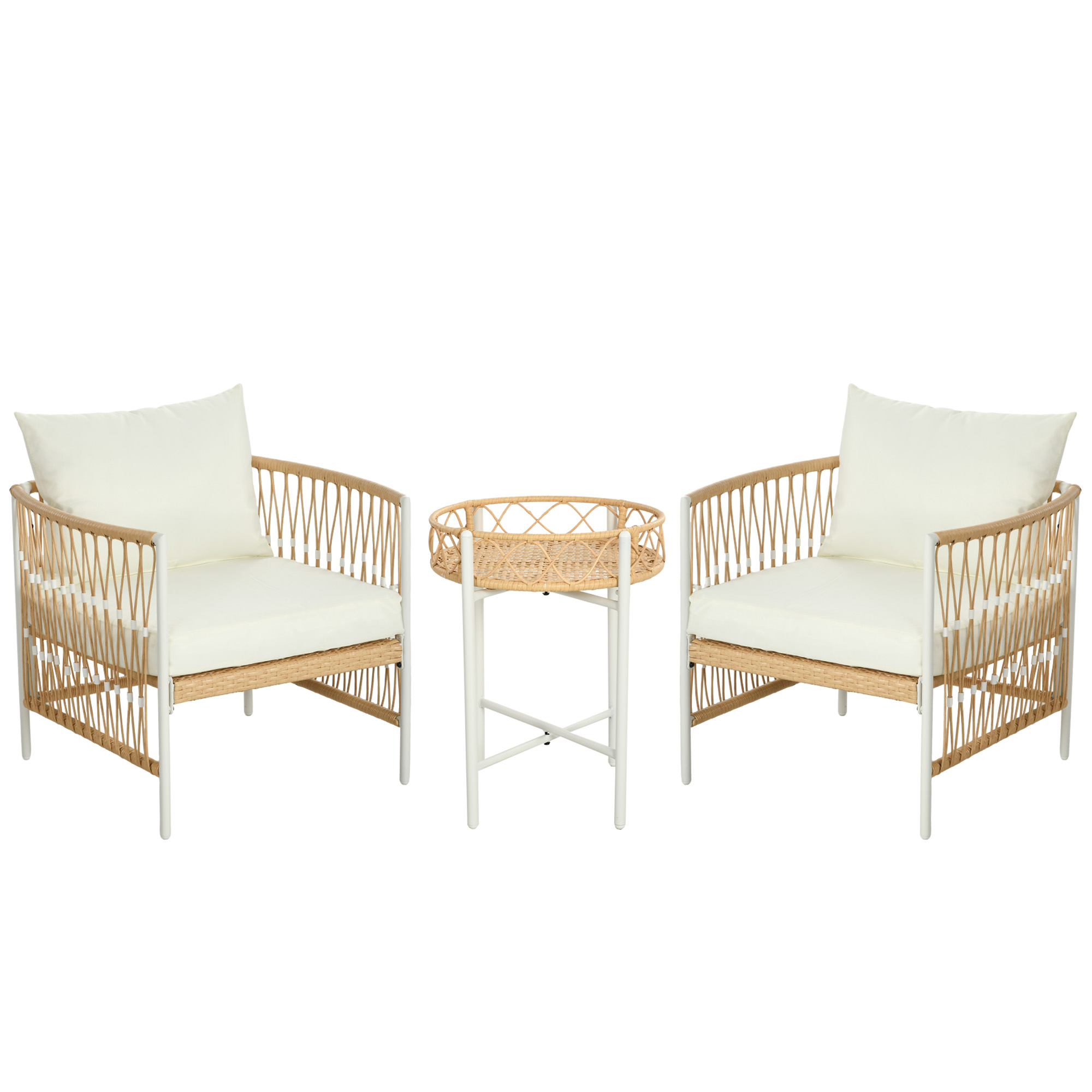Mobilier din 3 Piese pentru Terasă, Set din 2 Canapele și o Măsuță de Cafea pentru Exterior din Ratan, 72x66x64 cm, Crem | Aosom Romania
