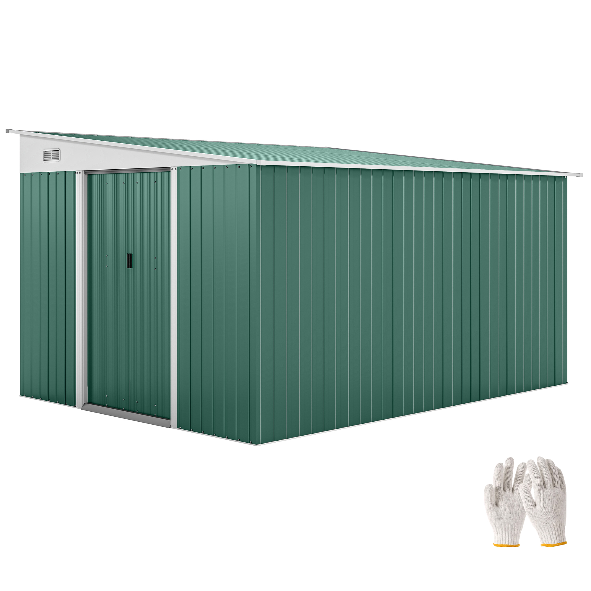 Magazie de Gradina cu Ușa Glisantă si Orificii de Aerisire, din Oțel Galvanizat, 345x280,5x169-201cm, Verde | Aosom Romania