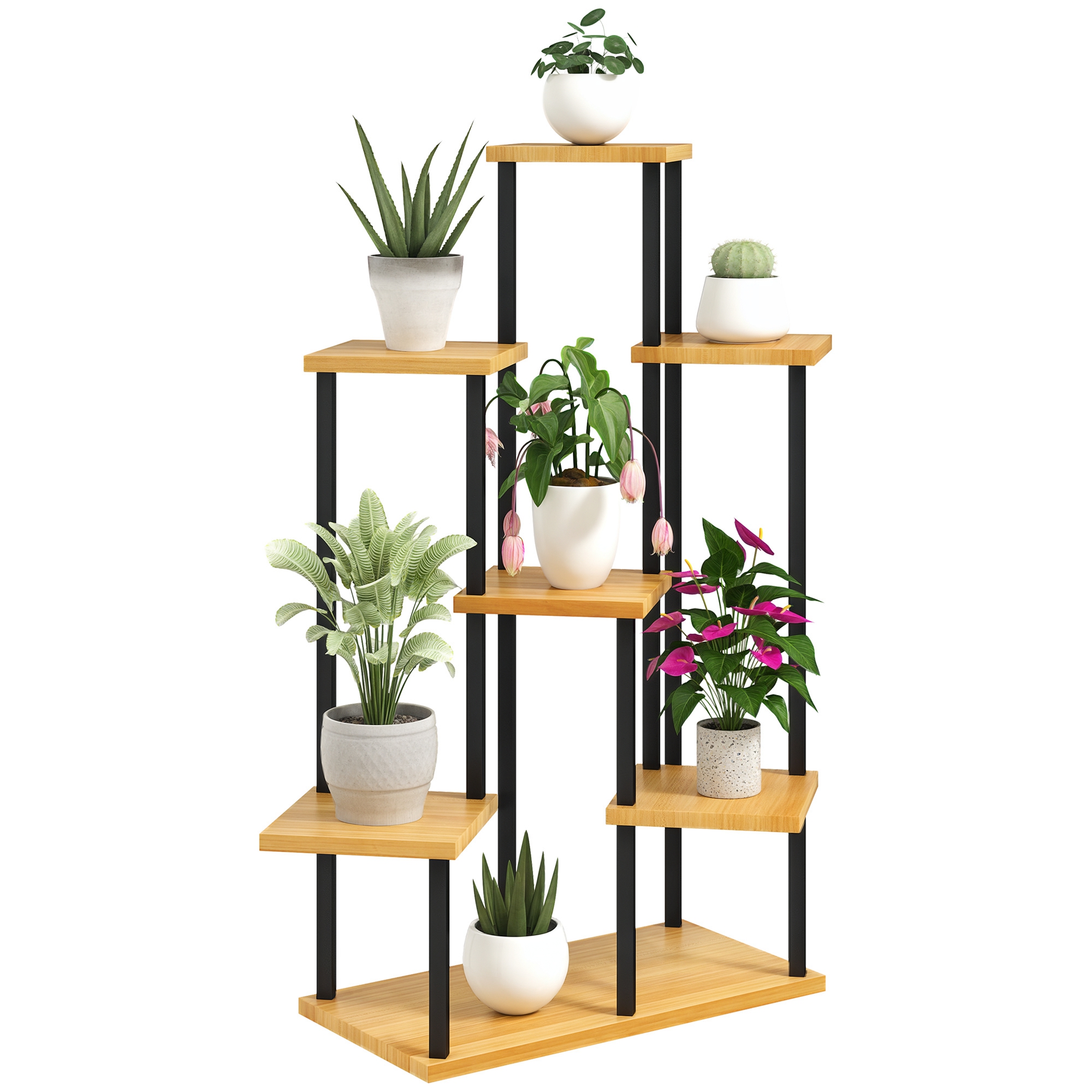 Suport pentru plante cu 7 niveluri pentru interior și exterior, stand plante din oțel și lemn, lemn natural | Aosom Romania