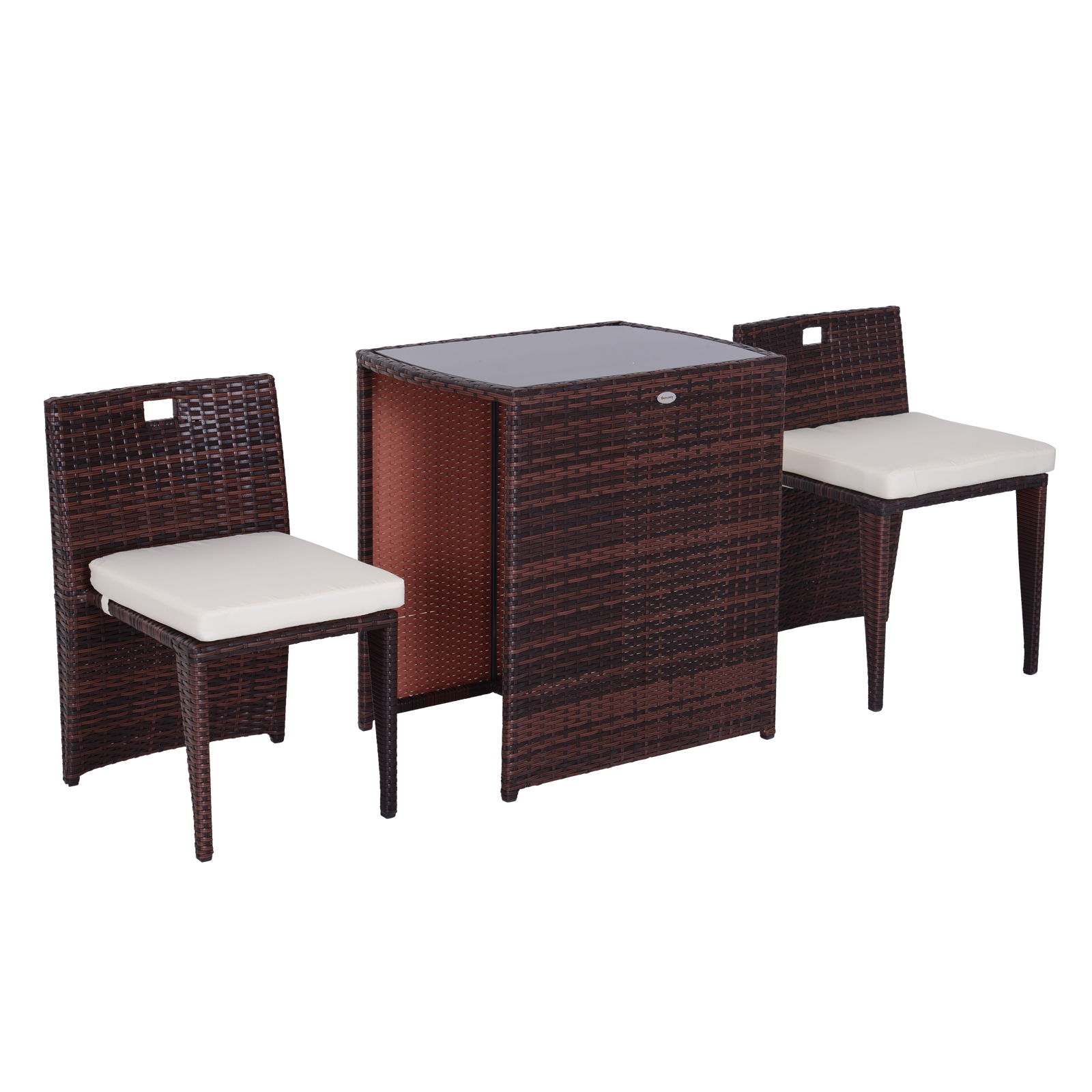 Set Mobilier de Grădină din Ratan, 3 Piese, Masă de Cafea și 2 Scaune cu Perne Decorative, 66x50x73cm, Maro și Negru | Aosom Romania
