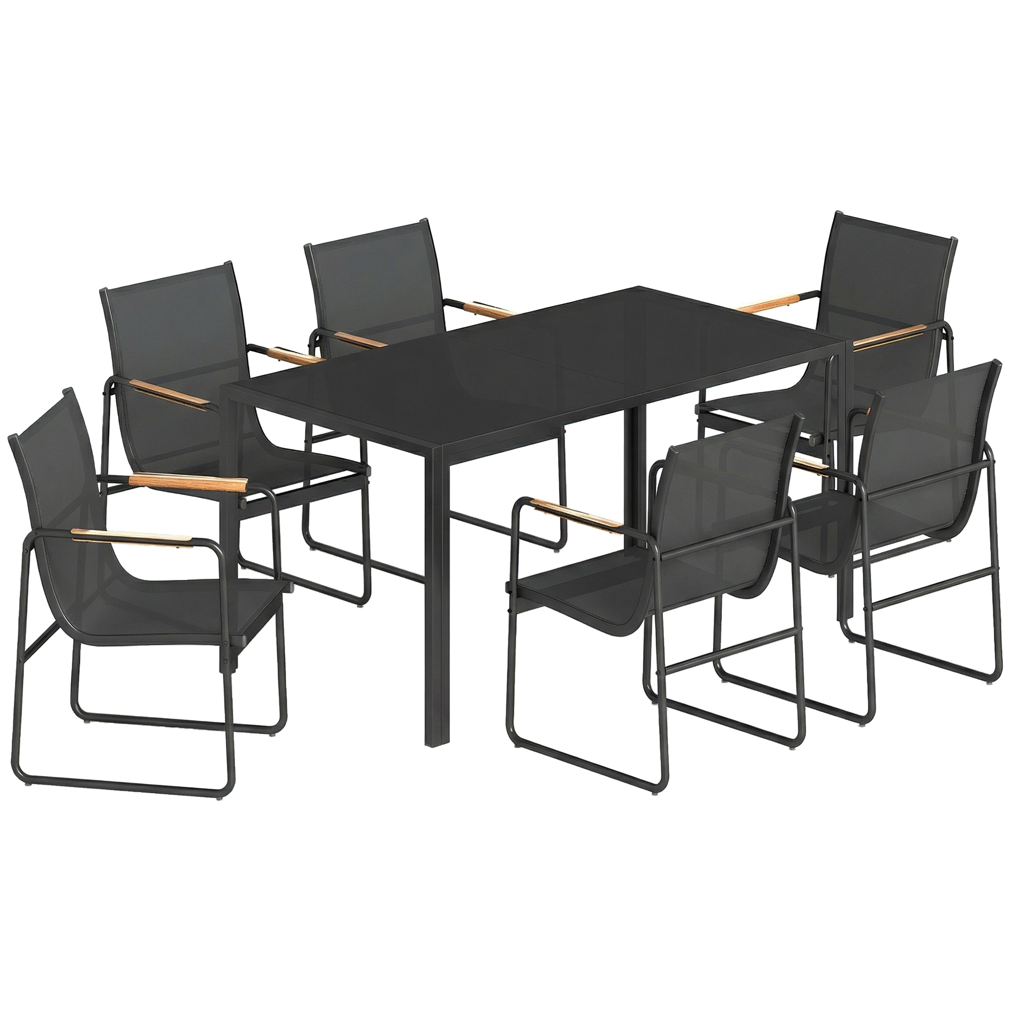 Set mobilier de grădină 150 x 80cm masă din sticlă cu 6 scaune respirabile cotiere decorative Negru | Aosom Romania