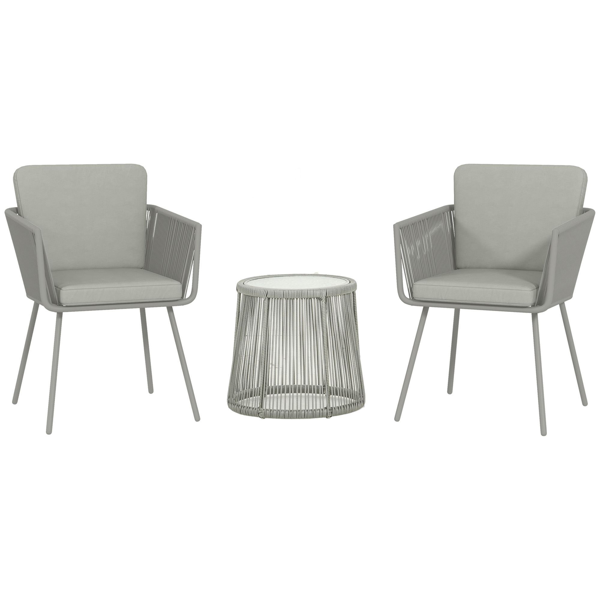 Set Mobilier de Grădina cu 2 Scaune și Măsuță de Cafea cu Blat din Sticlă, Ø49x47 cm, Gri | Aosom Romania