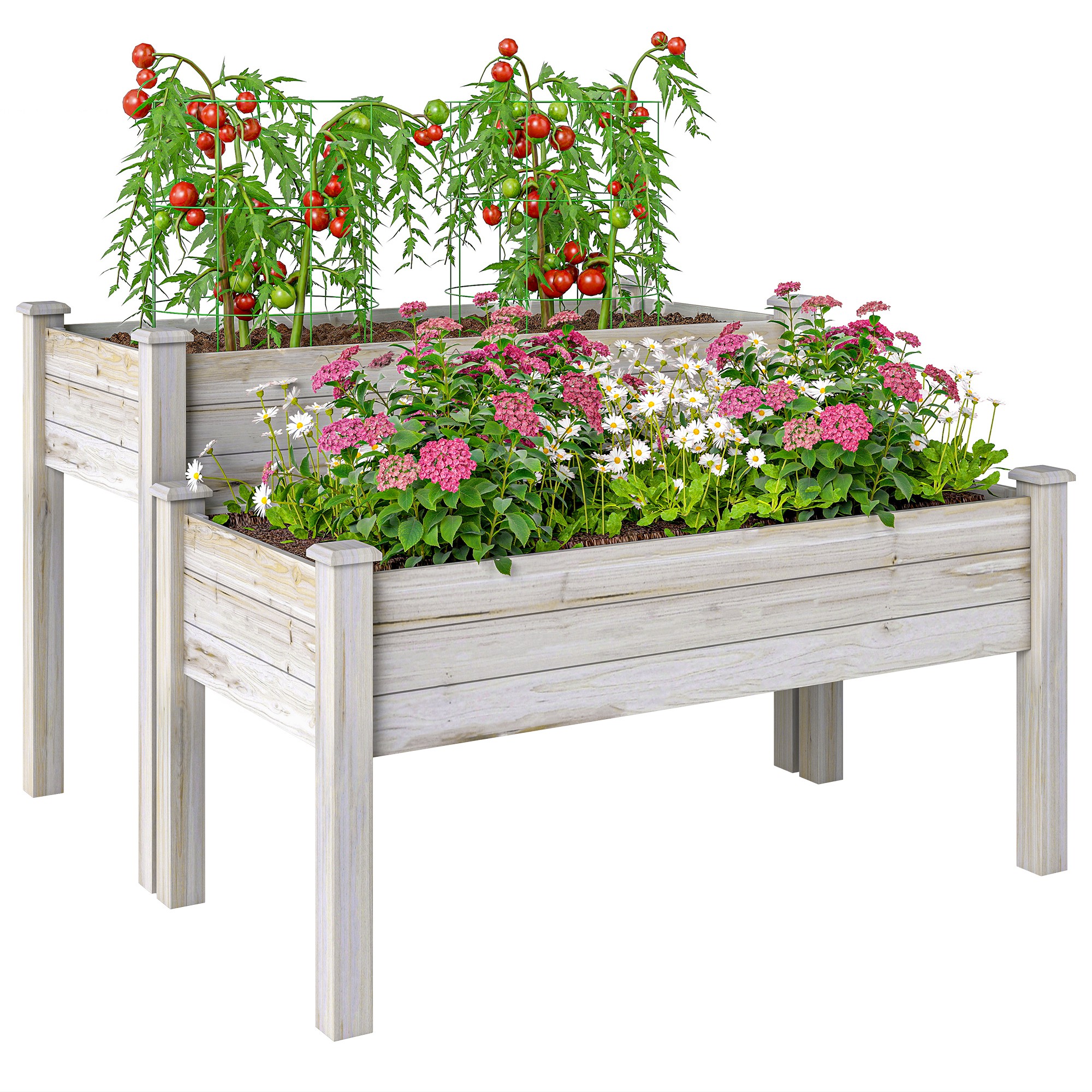 Jardiniera Exterior Lemn Brad 2 Niveluri, Design Ergonomic cu Orificii Scurgere, 115x114x76cm, Natural | Aosom Romania