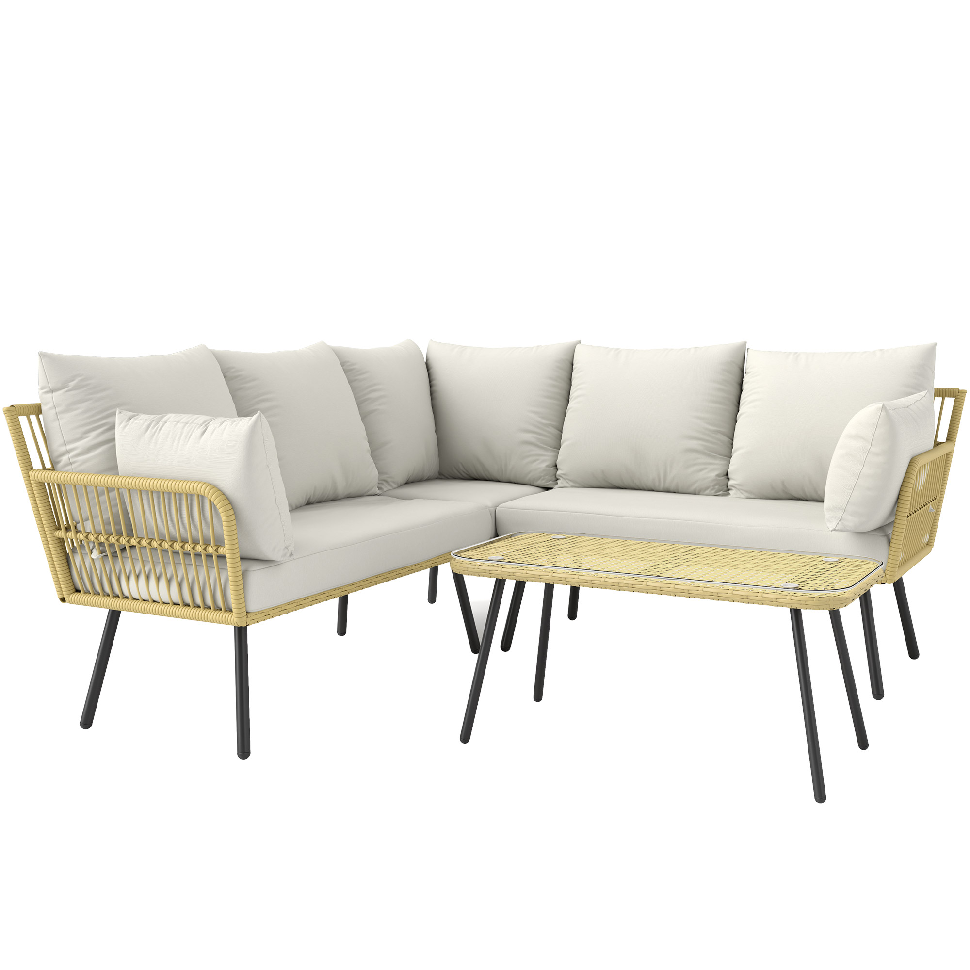 Set de Mobilier de Grădină din Ratan din 4 Piese cu Canapea de Colț cu Perne și Măsuță de Cafea, 11x63x74 cm, Crem | Aosom Romania