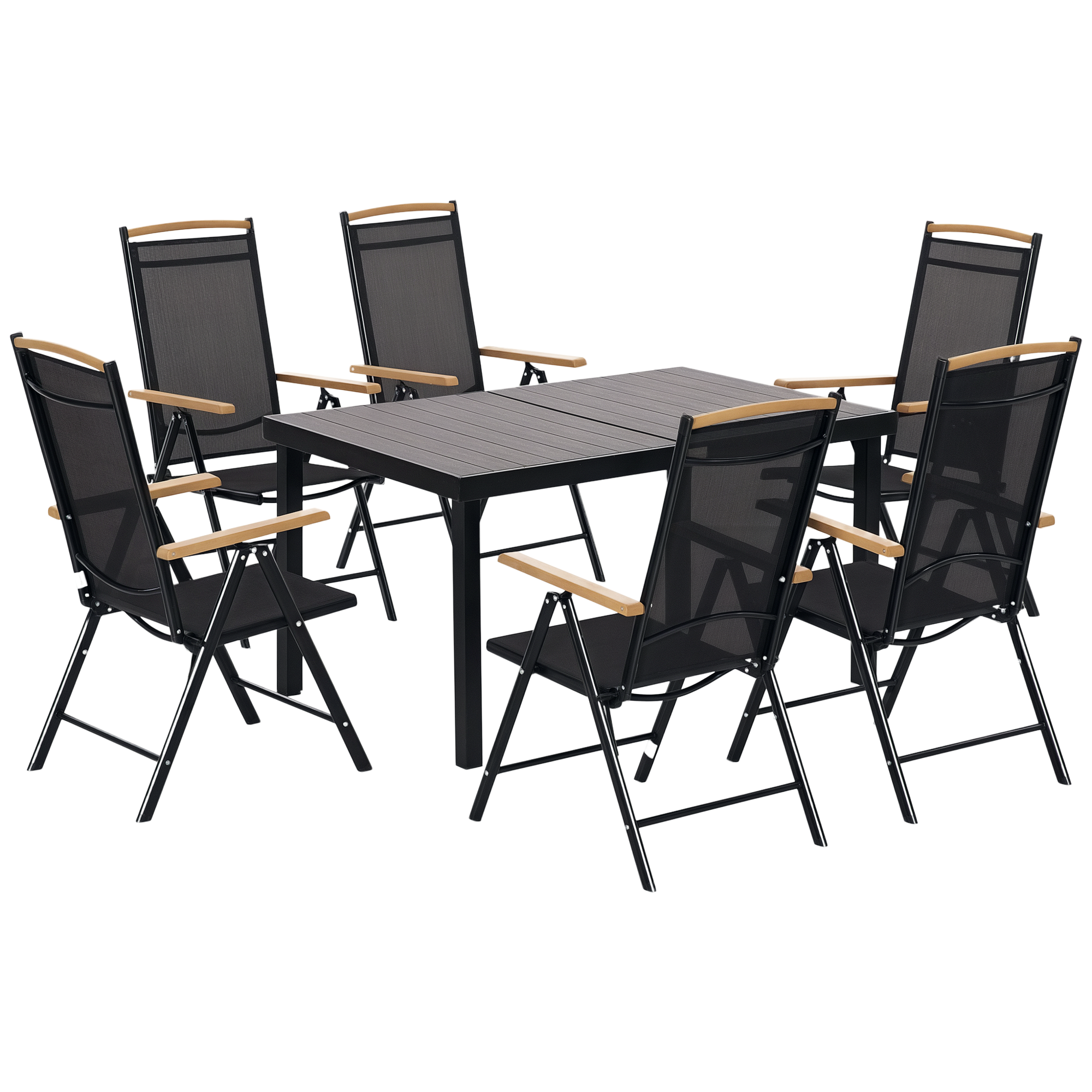 Salon de grădină exterioară 6 persoane, cadru din aluminiu, masă 140 cm, 6 scaune pliabile și înclinabile, negru | Aosom Romania