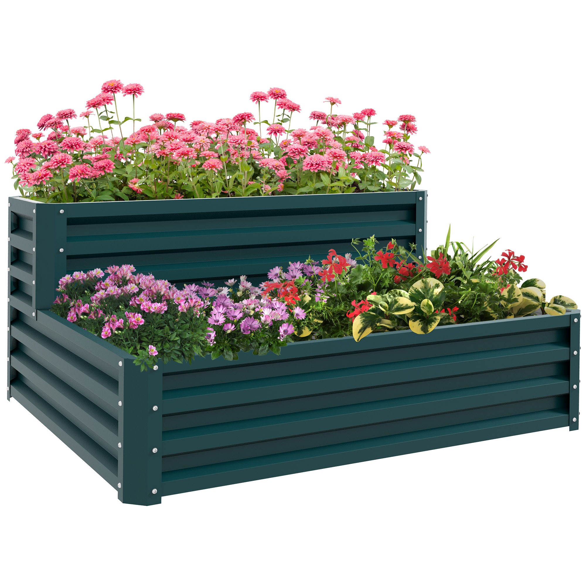 Pat de flori înălțat fond deschis 2 etaje pentru plante aromatice legume fructe flori 120 x 101 x 58 cm verde | Aosom Romania