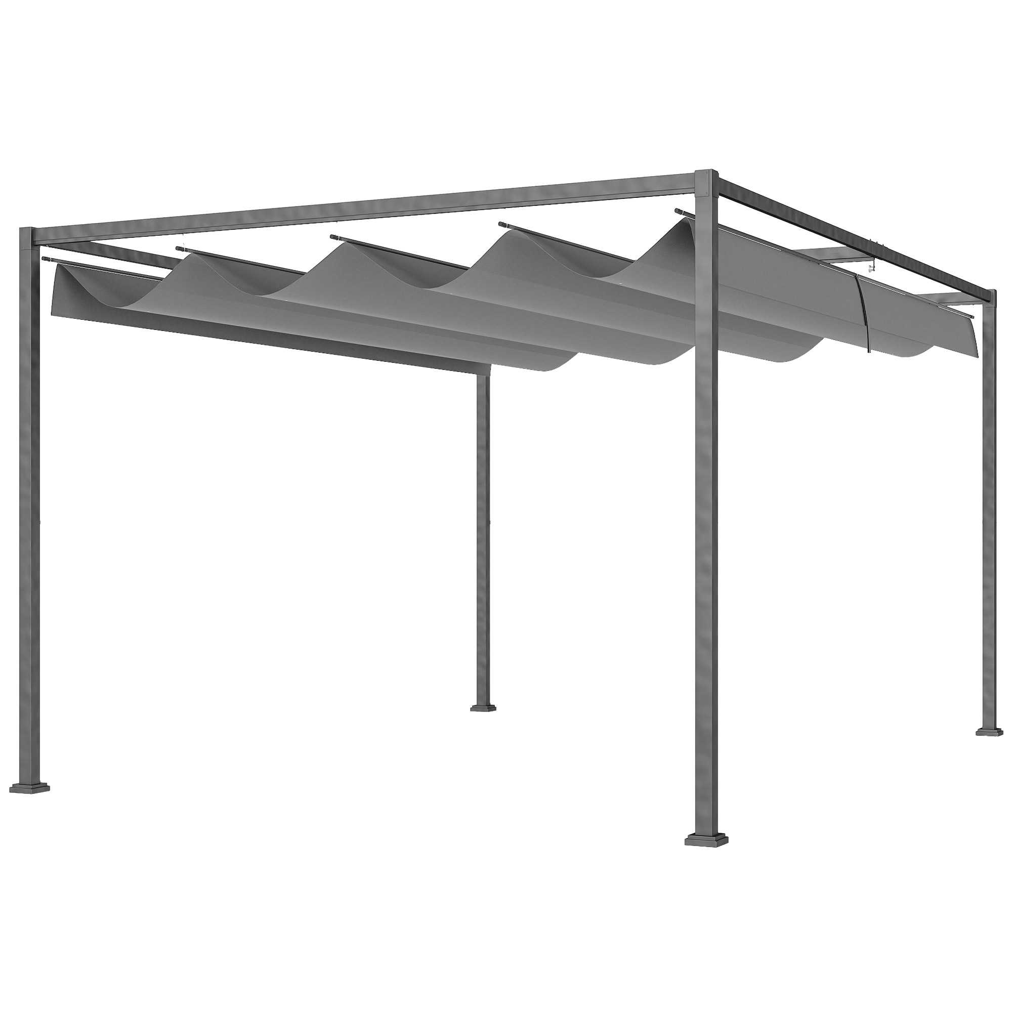 Pergolă Gazebo 4x3 m cu Acoperiș Retractabil, Orificii de Drenaj, Țepușe și Șuruburi, Pergolă pentru Grădină din Poliester și Metal, Gri Închis | Aosom Romania