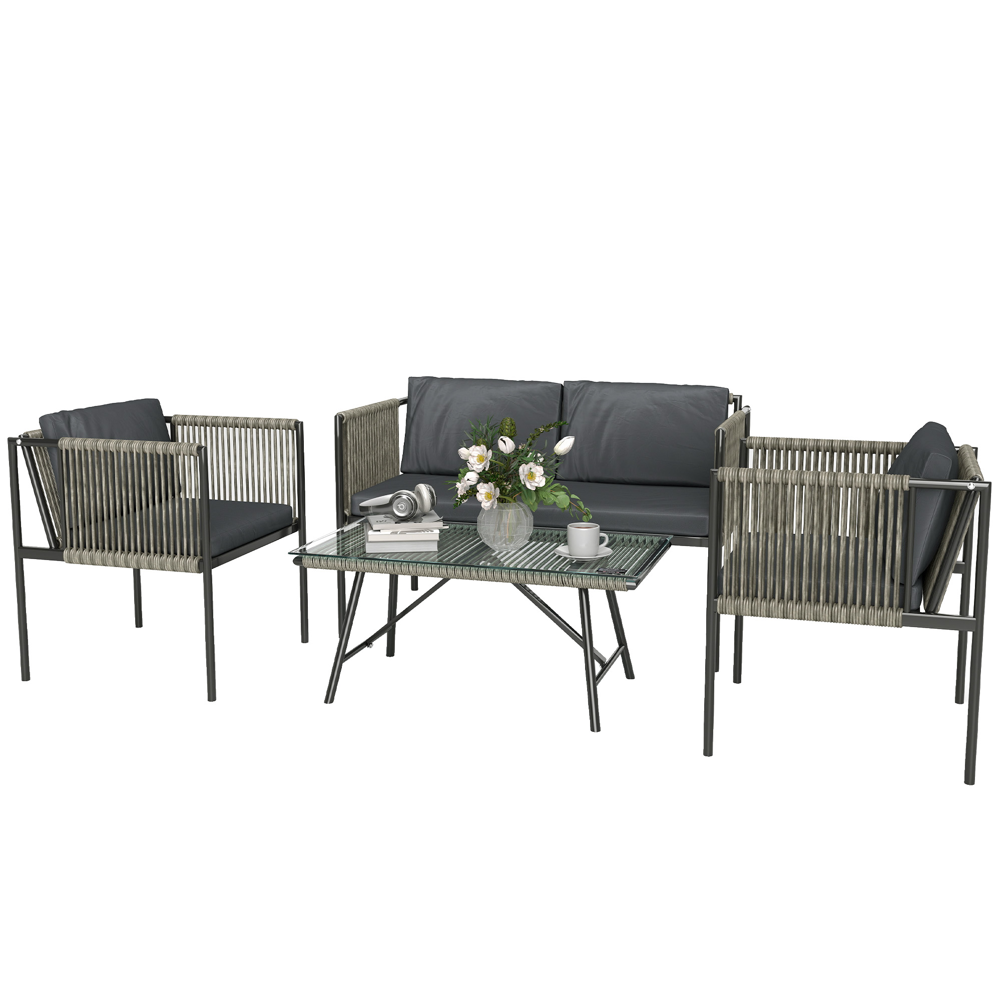 Set de Exterior din Rattan 2 Fotolii, Canapea și Măsuță Gri | Aosom Romania