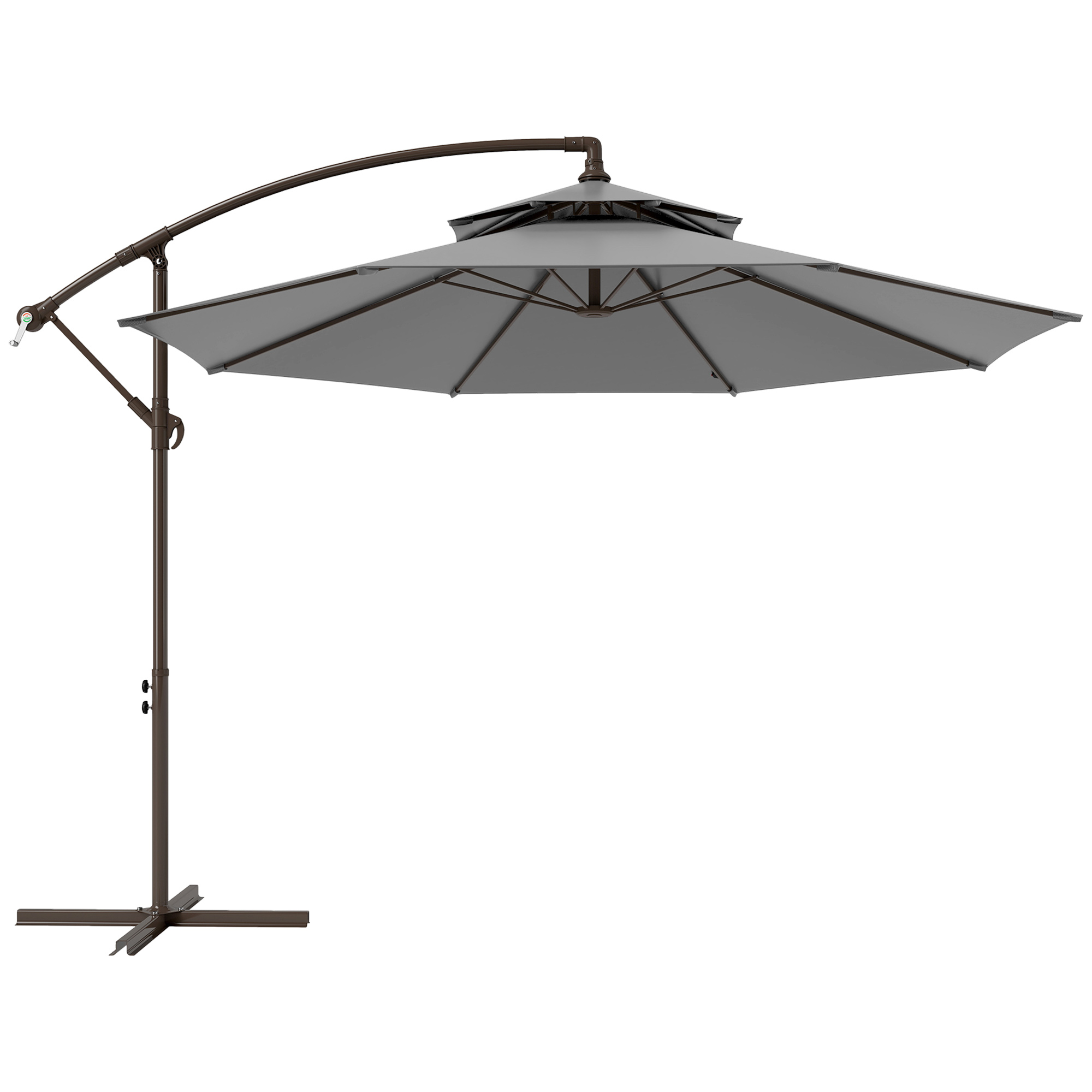 Umbrelă Ampelschirm Ø2,67 x 2,45 m Cu Manivelă și Acoperiș Dublu Bază în Formă de Cruce Oțel Protecție Solară Poliester Oțel Gri deschis | Aosom Romania