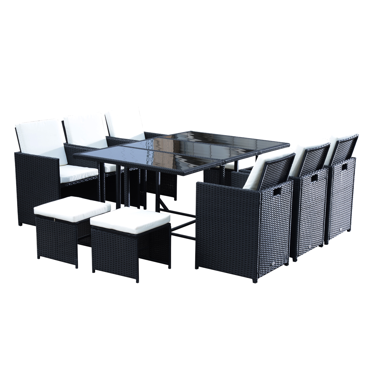 Set Mobilier de Exterior din Rattan Sintetic Negru, Set de Mese pentru Prânz 11 Piese cu Perne Confortabile | Aosom Romania