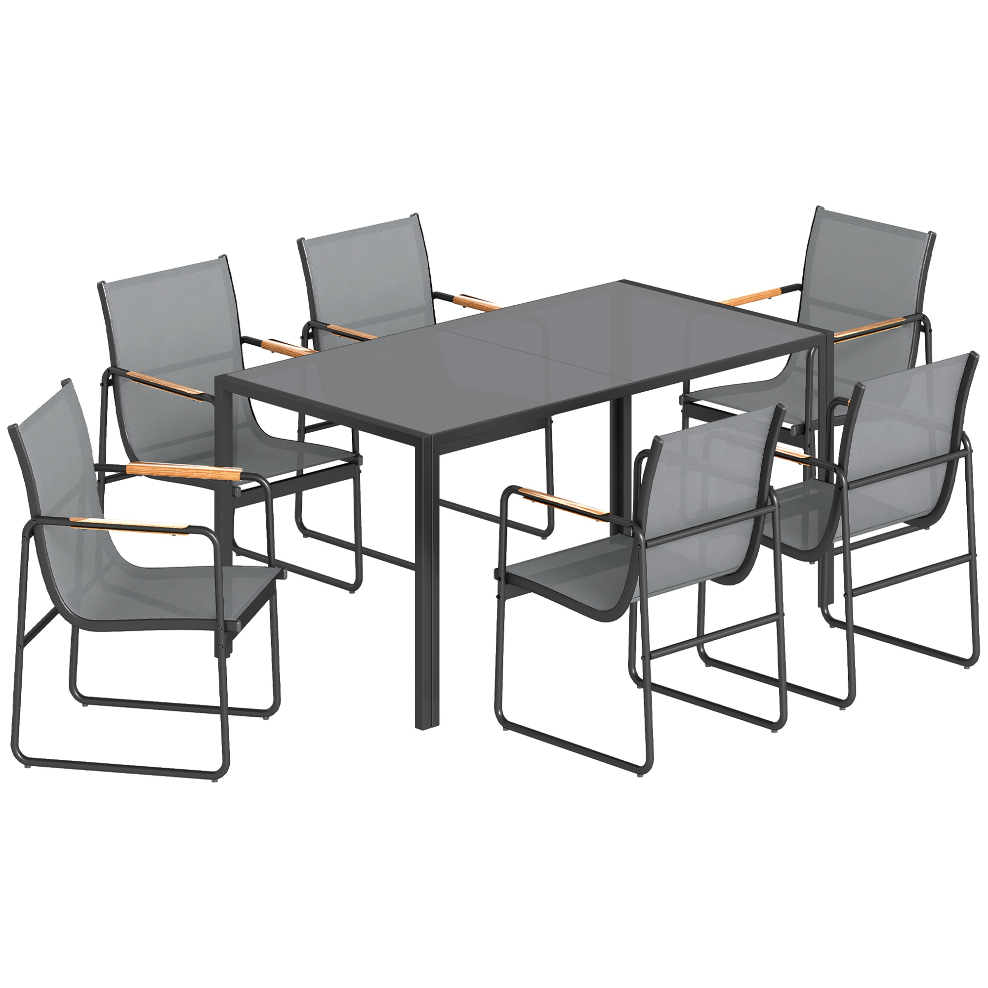 Set masă și scaune pentru grădină cu masă din sticlă securizată și 6 scaune respirabile pentru terasă/patio, gri | Aosom Romania